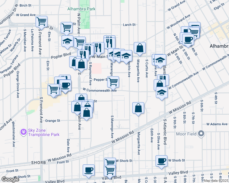 map of restaurants, bars, coffee shops, grocery stores, and more near 300 South Marengo Avenue in Alhambra