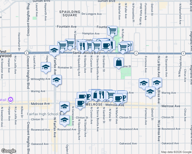 map of restaurants, bars, coffee shops, grocery stores, and more near 909 North Sierra Bonita Avenue in West Hollywood