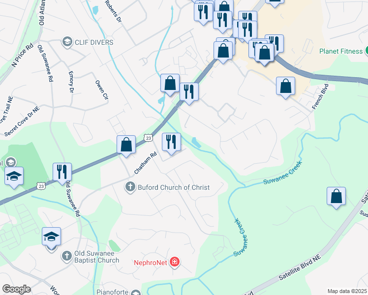 map of restaurants, bars, coffee shops, grocery stores, and more near 4173 Chatham Ridge Drive in Buford