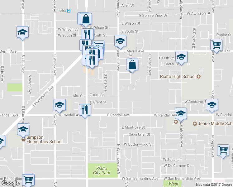 map of restaurants, bars, coffee shops, grocery stores, and more near 762 South Sycamore Avenue in Rialto