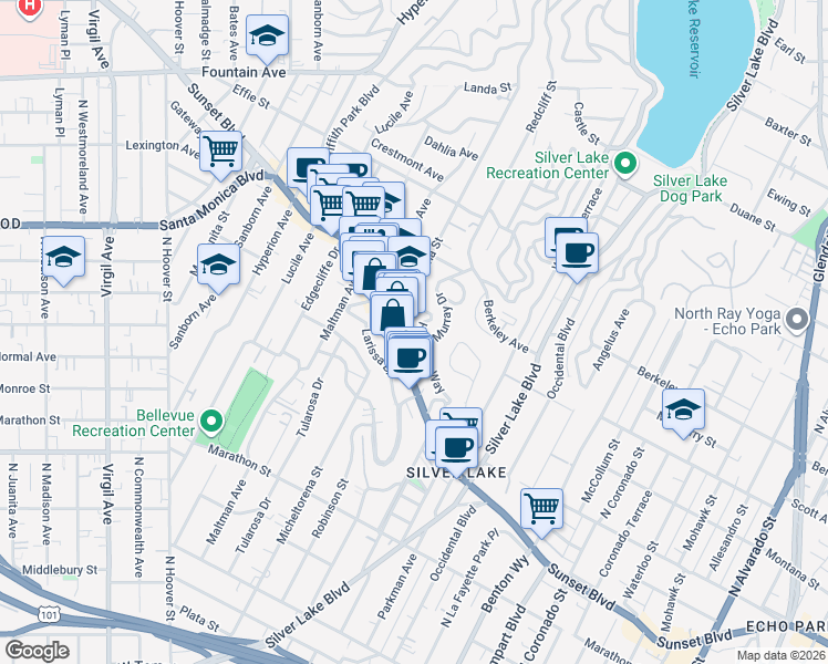 map of restaurants, bars, coffee shops, grocery stores, and more near 3330 Hamilton Way in Los Angeles