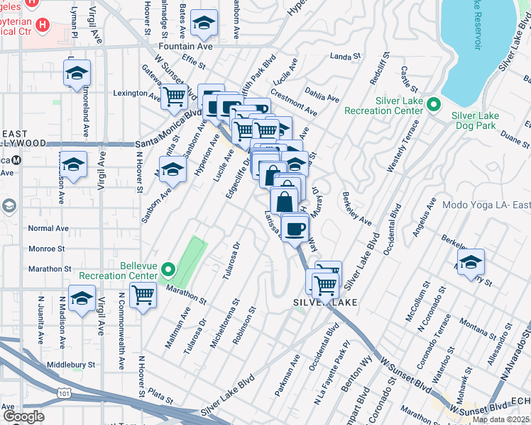 map of restaurants, bars, coffee shops, grocery stores, and more near 3432 Larissa Drive in Los Angeles