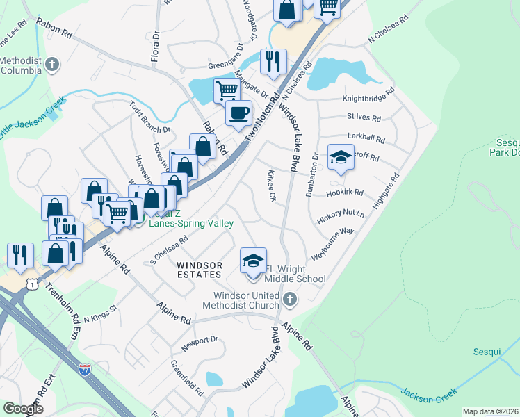map of restaurants, bars, coffee shops, grocery stores, and more near 3016 Kilkee Circle in Columbia