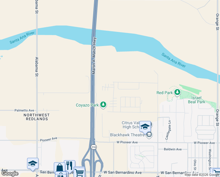 map of restaurants, bars, coffee shops, grocery stores, and more near 2167 Bergamot Street in Redlands
