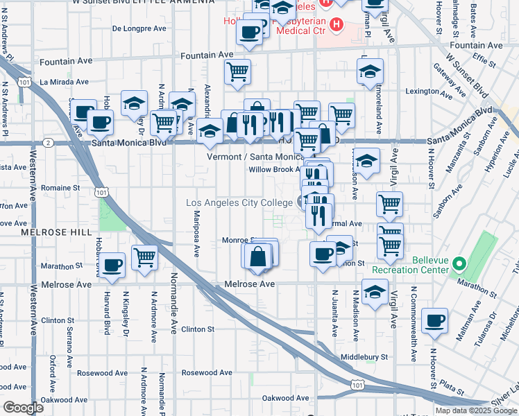 map of restaurants, bars, coffee shops, grocery stores, and more near 859 North Heliotrope Drive in Los Angeles