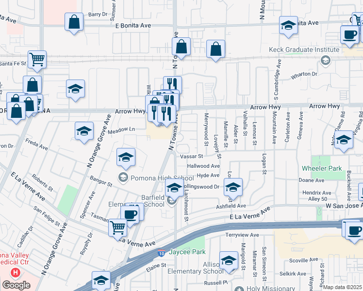 map of restaurants, bars, coffee shops, grocery stores, and more near 2410 North Towne Avenue in Pomona