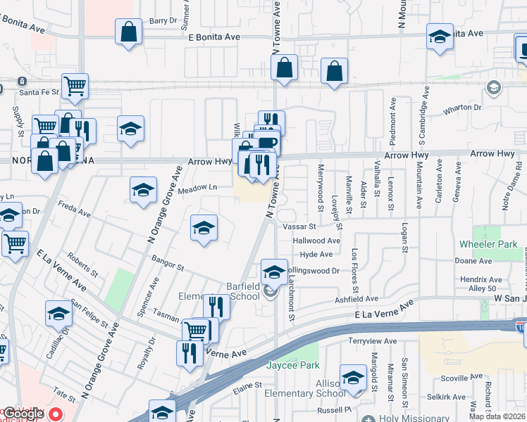 map of restaurants, bars, coffee shops, grocery stores, and more near 2445 North Towne Avenue in Pomona