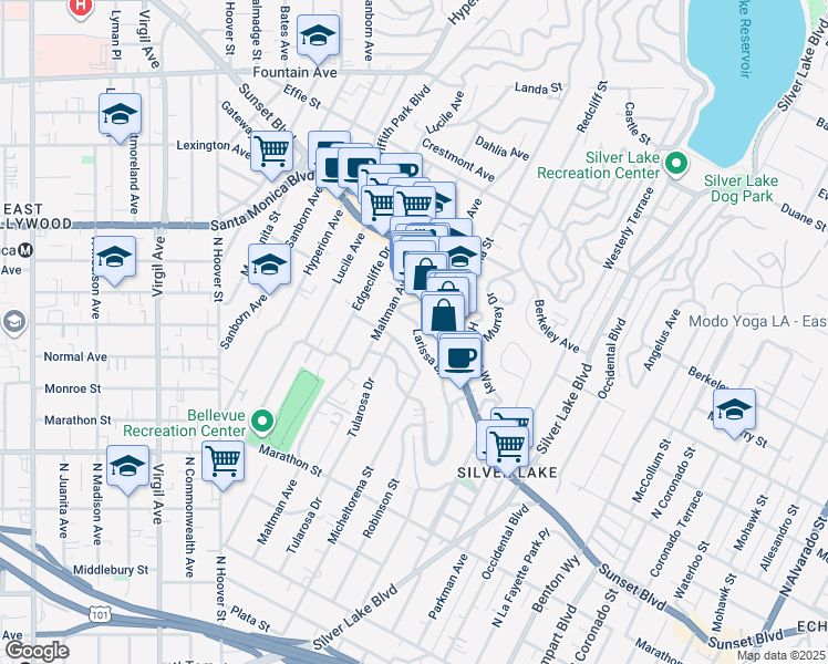 map of restaurants, bars, coffee shops, grocery stores, and more near 3432 Larissa Drive in Los Angeles
