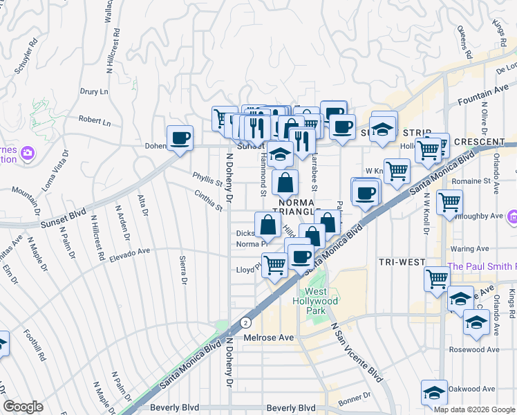 map of restaurants, bars, coffee shops, grocery stores, and more near in West Hollywood