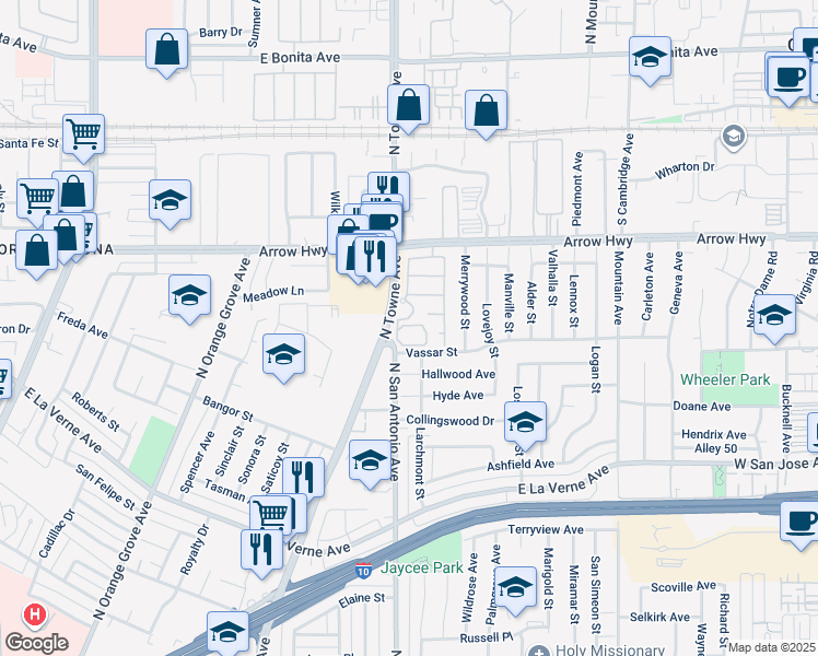 map of restaurants, bars, coffee shops, grocery stores, and more near 2410 North Towne Avenue in Pomona