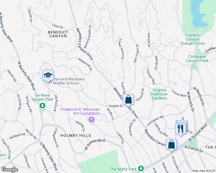 map of restaurants, bars, coffee shops, grocery stores, and more near 1705 Green Acres Drive in Beverly Hills