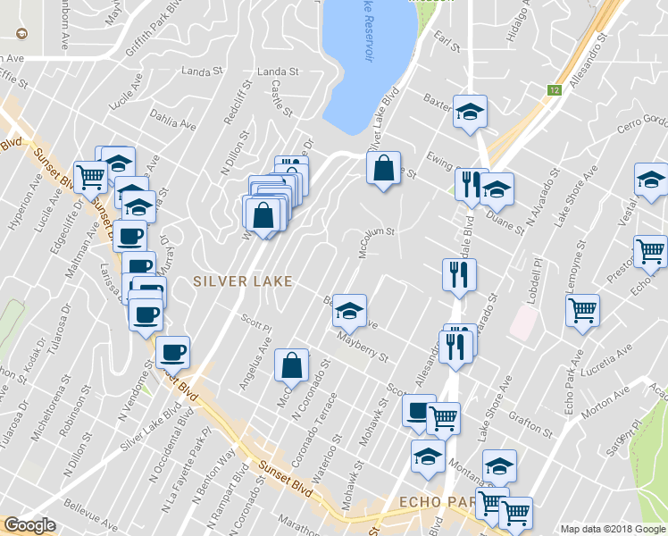 map of restaurants, bars, coffee shops, grocery stores, and more near 1642 North Benton Way in Los Angeles