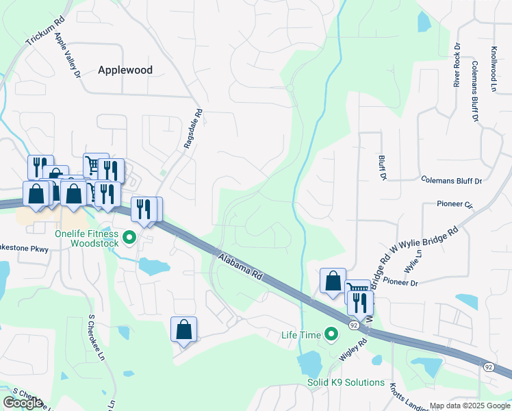 map of restaurants, bars, coffee shops, grocery stores, and more near 208 Balaban Circle in Woodstock