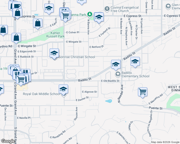 map of restaurants, bars, coffee shops, grocery stores, and more near 214 North Banna Avenue in Covina