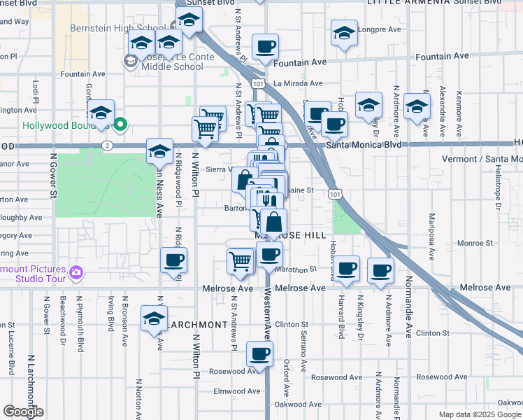 map of restaurants, bars, coffee shops, grocery stores, and more near 929 1/2 North Western Avenue in Los Angeles