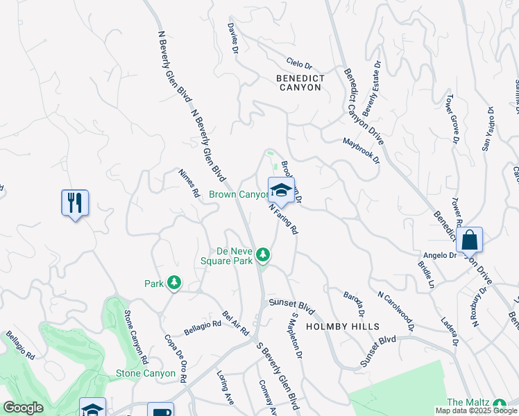 map of restaurants, bars, coffee shops, grocery stores, and more near 615 North Faring Road in Los Angeles