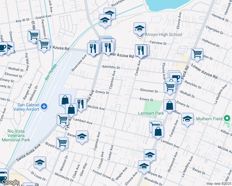 map of restaurants, bars, coffee shops, grocery stores, and more near 11125 Emery Street in El Monte