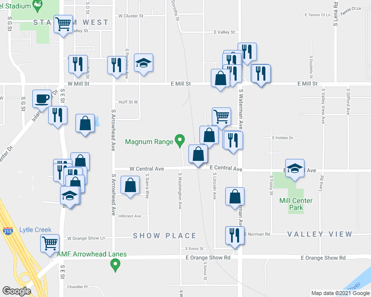 map of restaurants, bars, coffee shops, grocery stores, and more near 765 South Lugo Avenue in San Bernardino