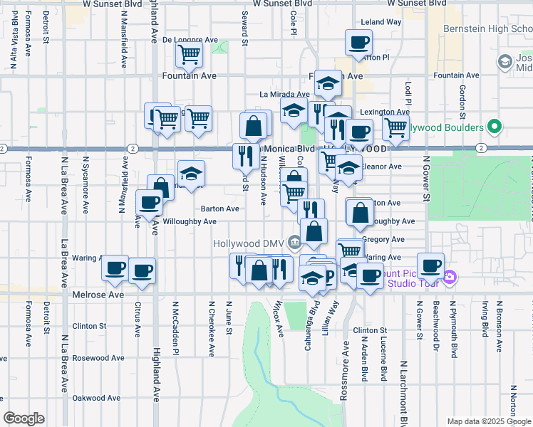 map of restaurants, bars, coffee shops, grocery stores, and more near 912 North Hudson Avenue in Los Angeles