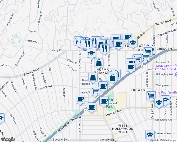 map of restaurants, bars, coffee shops, grocery stores, and more near 9015 Cynthia Street in West Hollywood