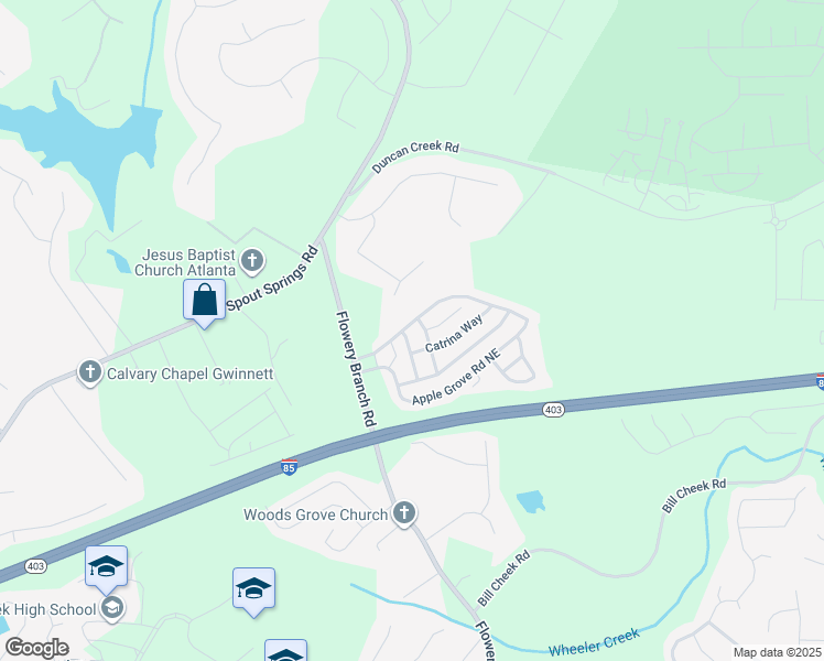 map of restaurants, bars, coffee shops, grocery stores, and more near 5131 Apple Grove Road Northeast in Buford