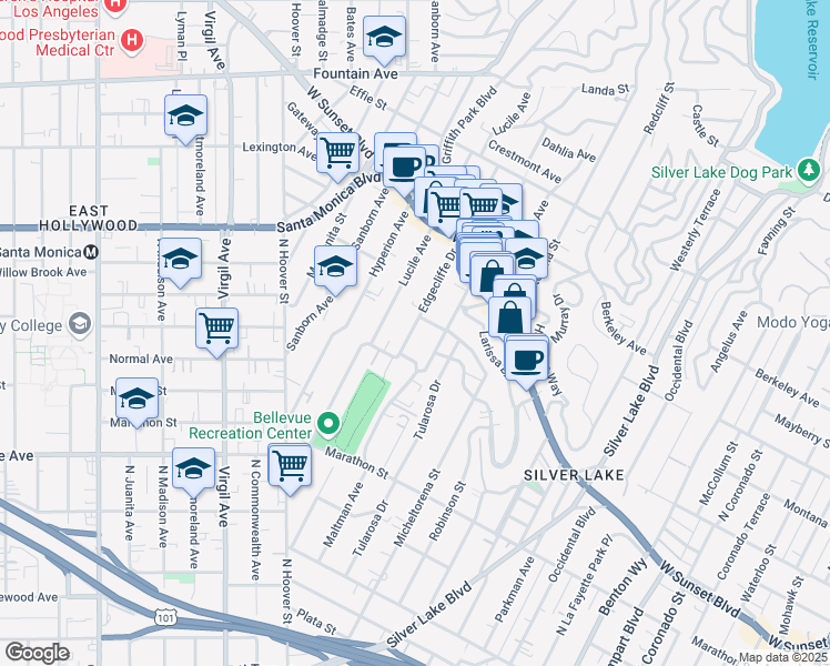 map of restaurants, bars, coffee shops, grocery stores, and more near 1332 Edgecliffe Drive in Los Angeles