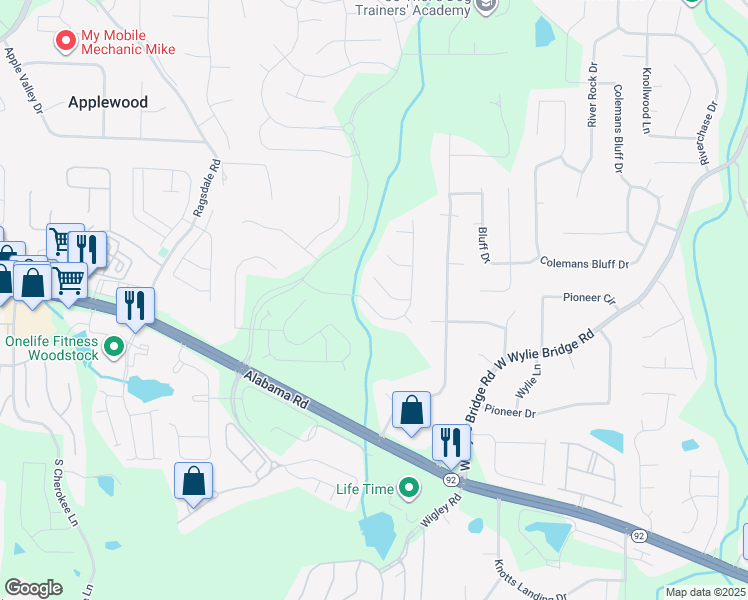 map of restaurants, bars, coffee shops, grocery stores, and more near 119 Churchcliff Dr in Woodstock