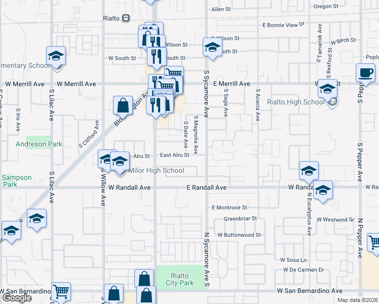 map of restaurants, bars, coffee shops, grocery stores, and more near 761 South Date Avenue in Rialto