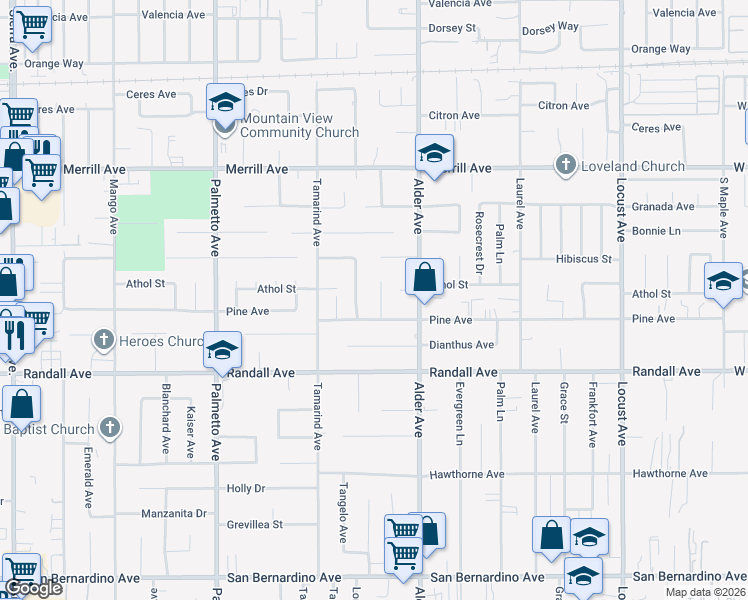 map of restaurants, bars, coffee shops, grocery stores, and more near 9160 Boxwood Avenue in Fontana