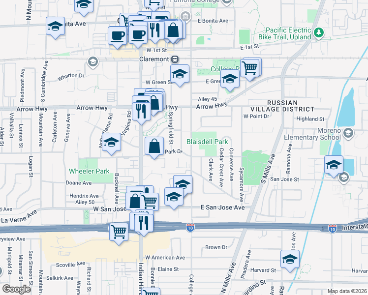 map of restaurants, bars, coffee shops, grocery stores, and more near 472 Saint Bonaventure Avenue in Claremont