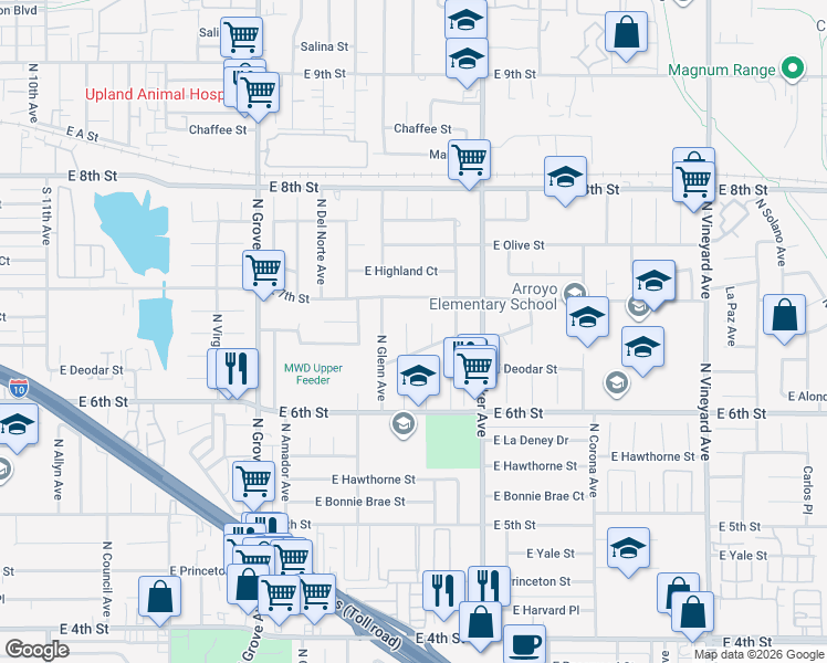 map of restaurants, bars, coffee shops, grocery stores, and more near 1630 North Humboldt Avenue in Ontario