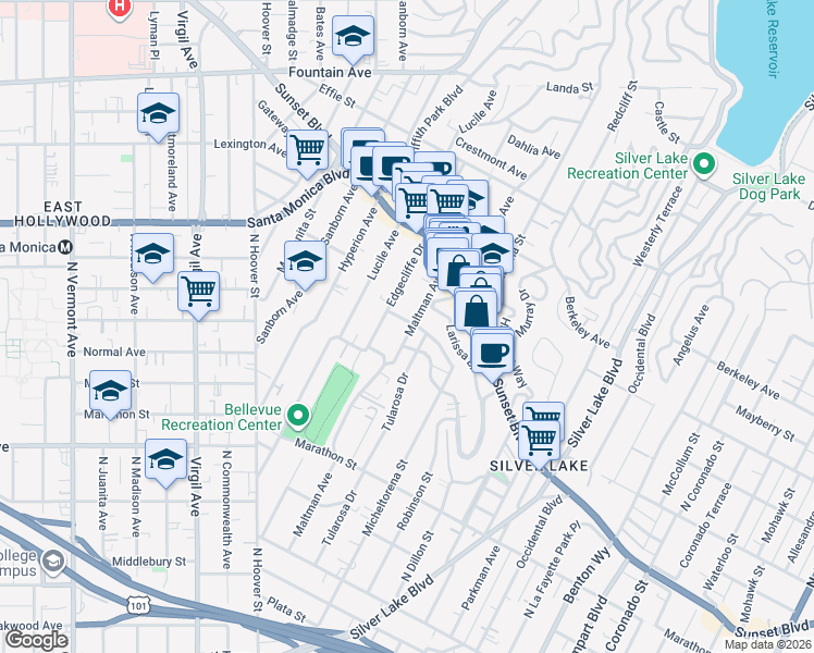 map of restaurants, bars, coffee shops, grocery stores, and more near 3459 Winslow Drive in Los Angeles