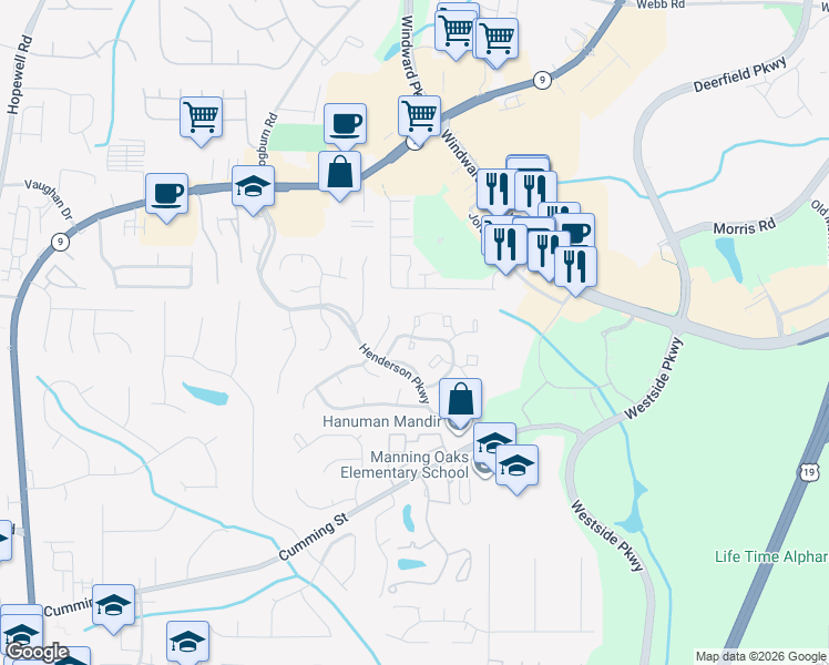 map of restaurants, bars, coffee shops, grocery stores, and more near 6017 Coventry Circle in Alpharetta