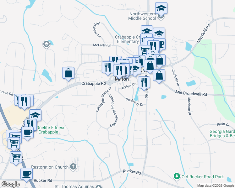 map of restaurants, bars, coffee shops, grocery stores, and more near 653 Dunbrody Drive in Milton