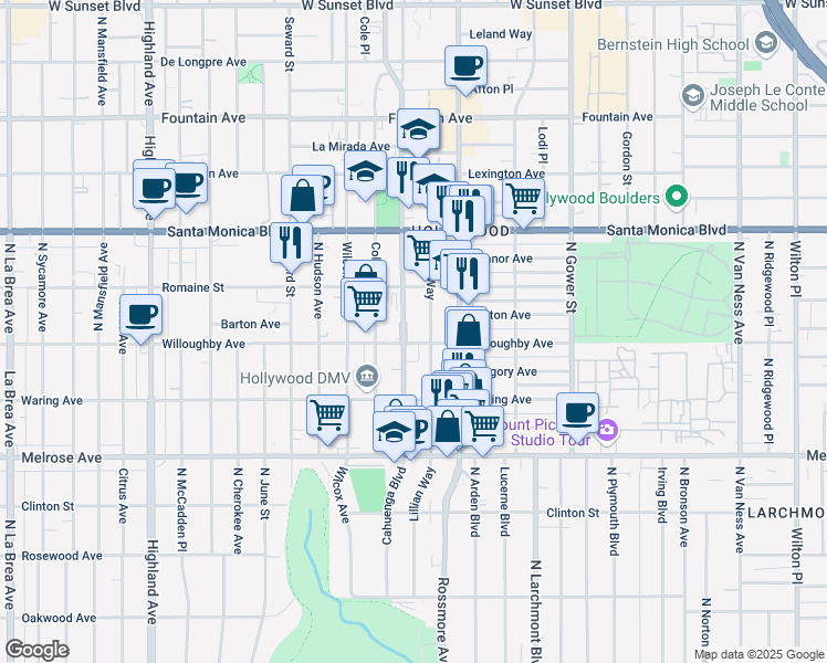 map of restaurants, bars, coffee shops, grocery stores, and more near 901 North Cahuenga Boulevard in Los Angeles