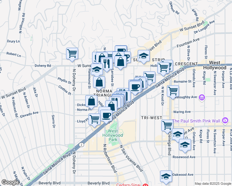 map of restaurants, bars, coffee shops, grocery stores, and more near 911 Larrabee Street in West Hollywood