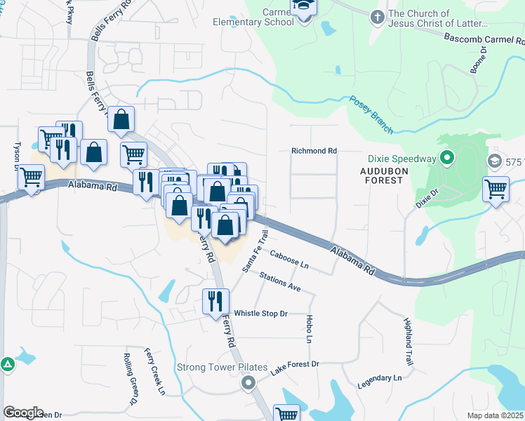 map of restaurants, bars, coffee shops, grocery stores, and more near 6941 Highway 92 in Woodstock