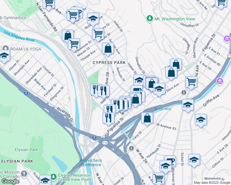 map of restaurants, bars, coffee shops, grocery stores, and more near 2902 Idell Street in Los Angeles