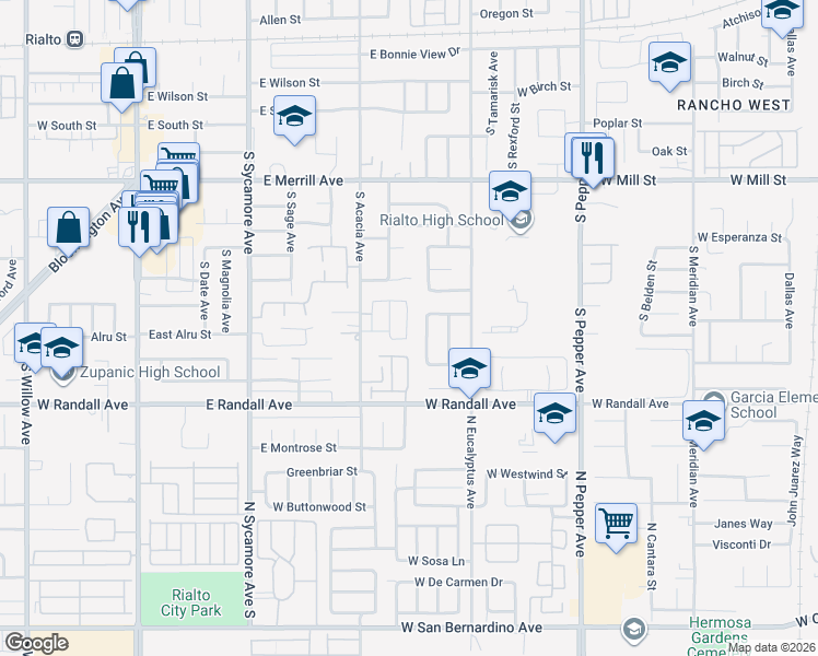 map of restaurants, bars, coffee shops, grocery stores, and more near 758 South Primrose Avenue in Rialto
