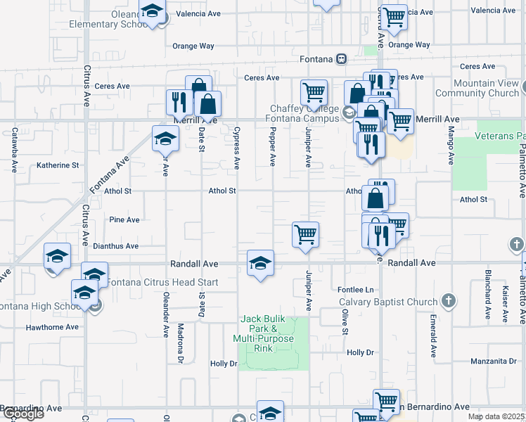 map of restaurants, bars, coffee shops, grocery stores, and more near 9158 Pepper Avenue in Fontana