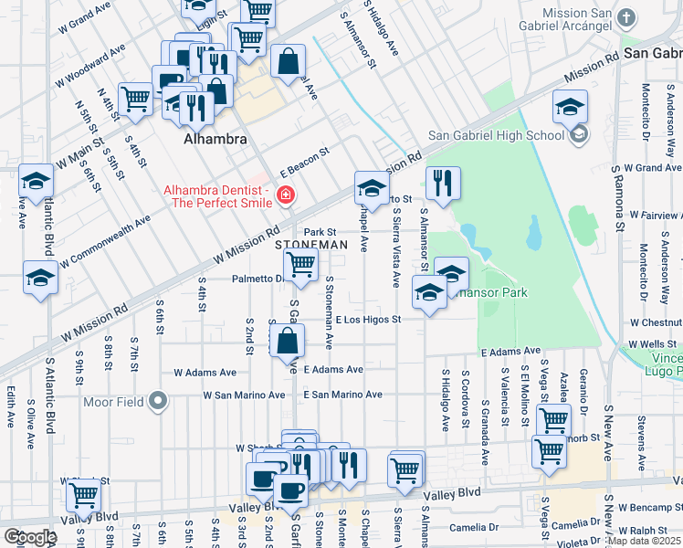 map of restaurants, bars, coffee shops, grocery stores, and more near 749 South Chapel Avenue in Alhambra