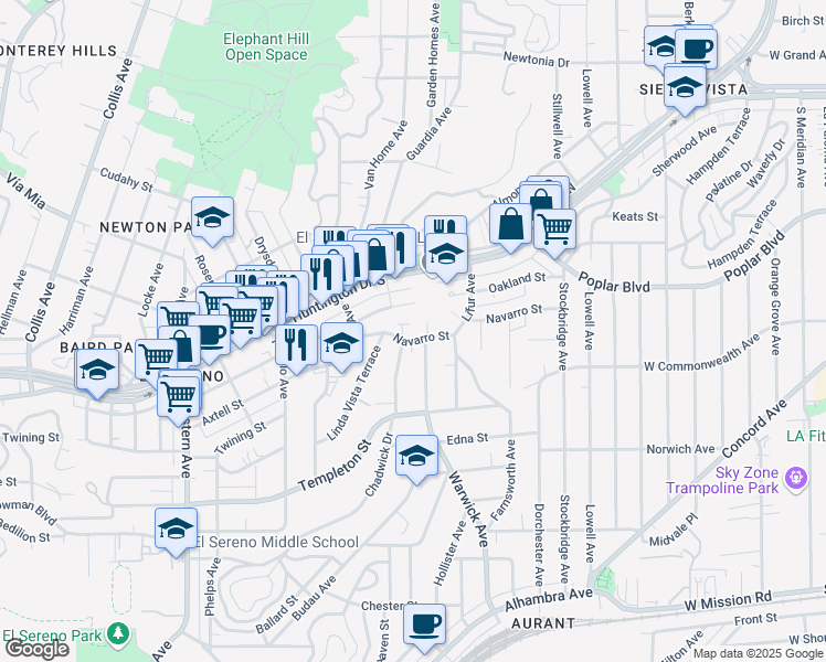map of restaurants, bars, coffee shops, grocery stores, and more near 5147 Navarro Street in Los Angeles