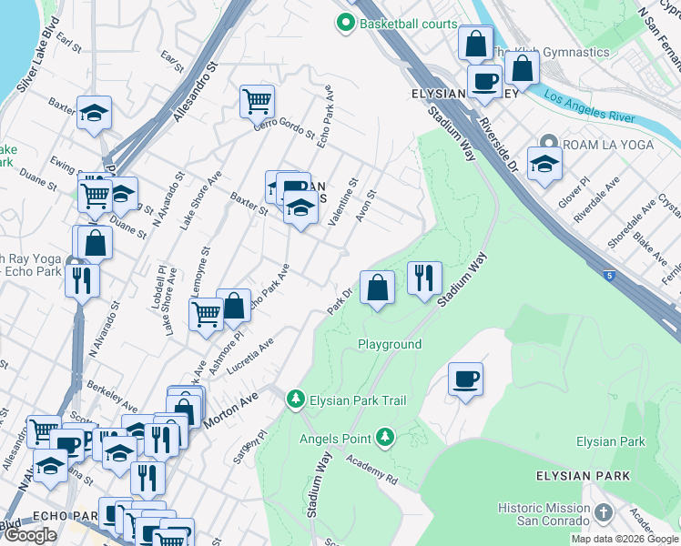 map of restaurants, bars, coffee shops, grocery stores, and more near 1431 Ewing Street in Los Angeles