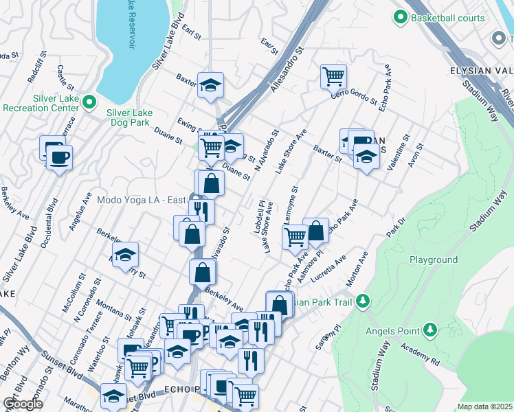 map of restaurants, bars, coffee shops, grocery stores, and more near 1898 North Alvarado Street in Los Angeles