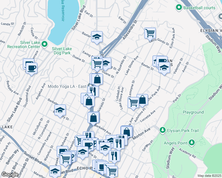 map of restaurants, bars, coffee shops, grocery stores, and more near 1860 North Alvarado Street in Los Angeles