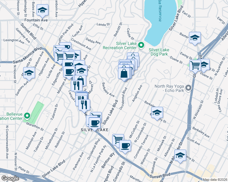 map of restaurants, bars, coffee shops, grocery stores, and more near in Los Angeles