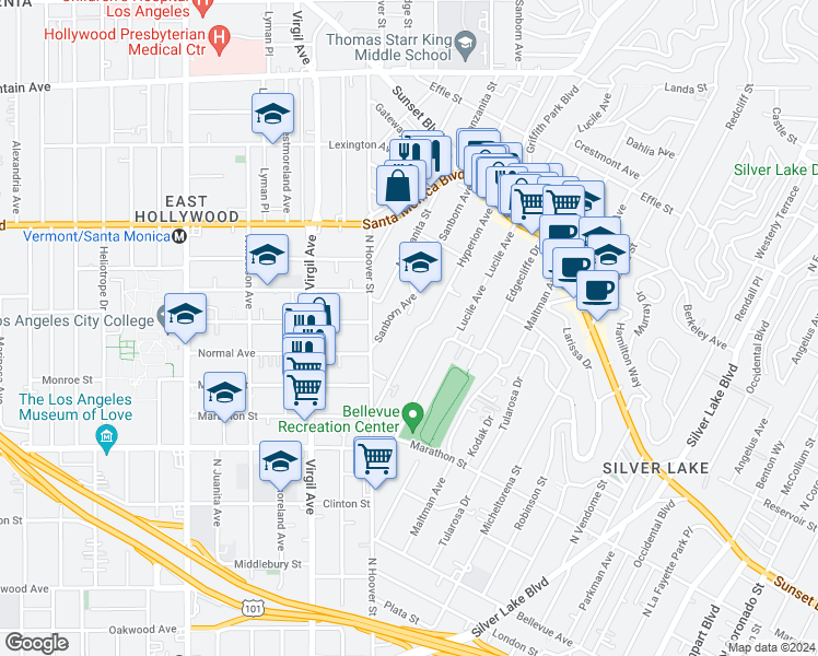 map of restaurants, bars, coffee shops, grocery stores, and more near 866 Hyperion Avenue in Los Angeles