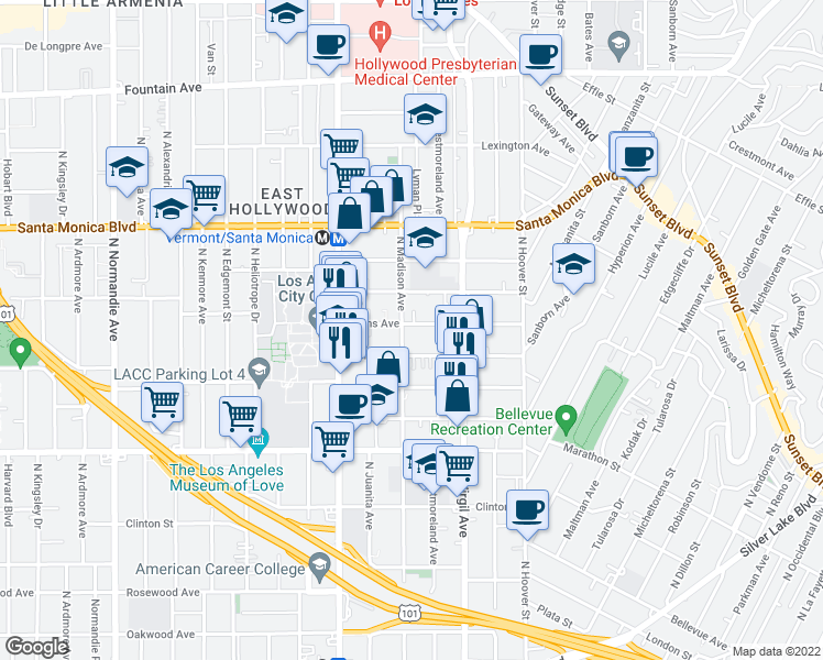 map of restaurants, bars, coffee shops, grocery stores, and more near 4346 Burns Avenue in Los Angeles