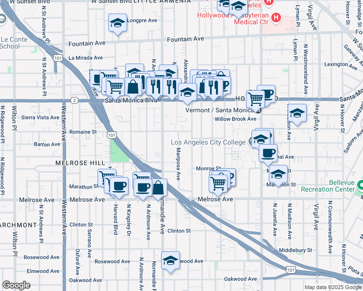 map of restaurants, bars, coffee shops, grocery stores, and more near 936 North Mariposa Avenue in Los Angeles