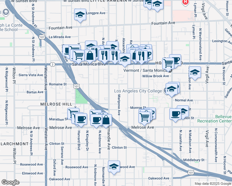 map of restaurants, bars, coffee shops, grocery stores, and more near 936 North Mariposa Avenue in Los Angeles